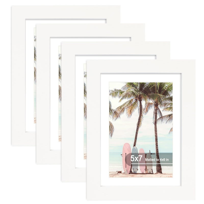 Hongkee إطار صور Hongkee مقاس 5x7 (4 عبوات، أبيض) مصنوع من الزجاج الحقيقي وإطار خشبي - صور عرض 4x6 مع حصيرة أو 5x7 بدون حصيرة، إطارات صور 5 × 7 عرض على سطح الطاولة وتركيب على الحائط - Image 1